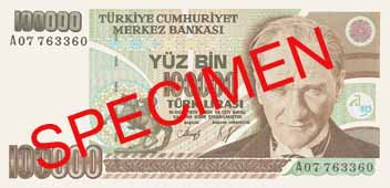 ONE HUNDRED THOUSAND TURKISH LIRA FRONT FACE