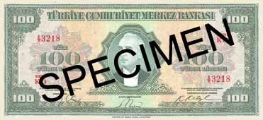 ONE HUNDRED TURKISH LIRA FRONT FACE