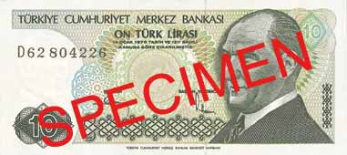 TEN TURKISH LIRA FRONT FACE
