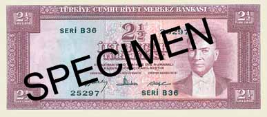 TWO AND A HALF TURKISH LIRA FRONT FACE