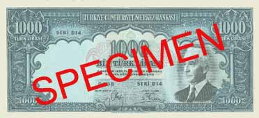 ONE THOUSAND TURKISH LIRA FRONT FACE