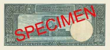 ONE THOUSAND TURKISH LIRA BACK FACE