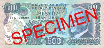 FIVE HUNDRED TURKISH LIRA FRONT FACE