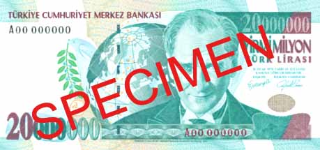 TWENTY MILLION TURKISH LIRA FRONT FACE