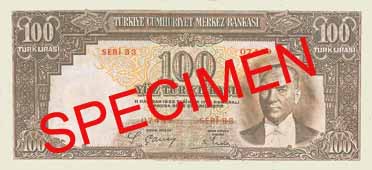 ONE HUNDRED TURKISH LIRA FRONT FACE