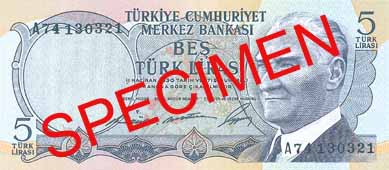FIVE TURKISH LIRA FRONT FACE