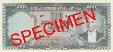 FIVE HUNDRED TURKISH LIRA FRONT FACE