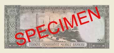 FIVE HUNDRED TURKISH LIRA BACK FACE