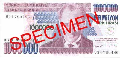 ONE MILLION TURKISH LIRA FRONT FACE