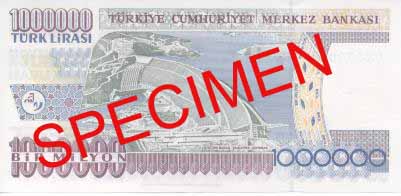 ONE MILLION TURKISH LIRA BACK FACE