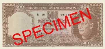 FIVE HUNDRED TURKISH LIRA FRONT FACE