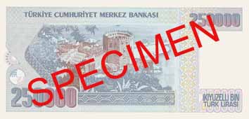 TWO HUNDRED AND FIFTY THOUSAND TURKISH LIRA BACK FACE