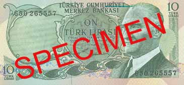 TEN TURKISH LIRA FRONT FACE