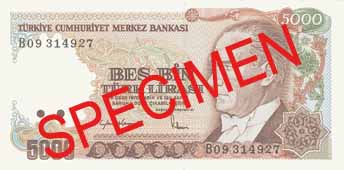 FIVE THOUSAND TURKISH LIRA FRONT FACE
