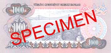 ONE THOUSAND TURKISH LIRA BACK FACE ONE THOUSAND TURKISH LIRA BACK FACE