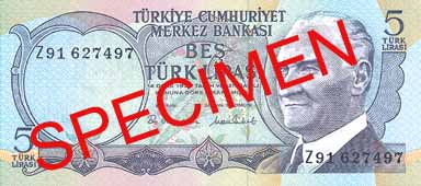 FIVE TURKISH LIRA FRONT FACE