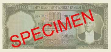 ONE HUNDRED TURKISH LIRA FRONT FACE