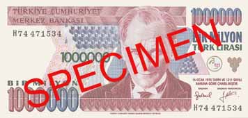 ONE MILLION TURKISH LIRA FRONT FACE