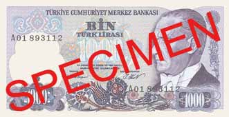 ONE THOUSAND TURKISH LIRA FRONT FACE