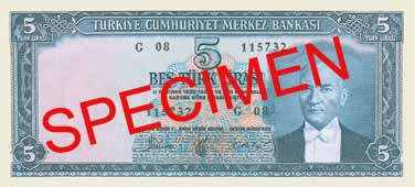FIVE TURKISH LIRA FRONT FACE