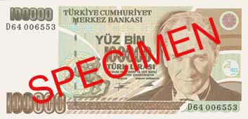 ONE HUNDRED THOUSAND TURKISH LIRA FRONT FACE