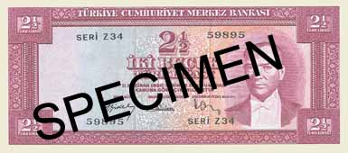 TWO AND A HALF TURKISH LIRA FRONT FACE TWO AND A HALF TURKISH LIRA FRONT FACE