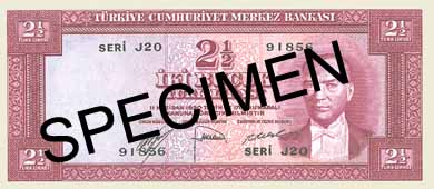 TWO AND A HALF TURKISH LIRA FRONT FACE TWO AND A HALF TURKISH LIRA FRONT FACE