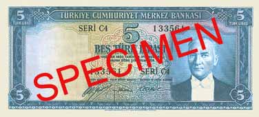 FIVE TURKISH LIRA FRONT FACE