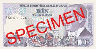 ONE THOUSAND TURKISH LIRA FRONT FACE