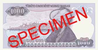ONE THOUSAND TURKISH LIRA BACK FACE