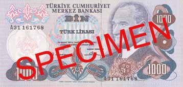 ONE THOUSAND TURKISH LIRA FRONT FACE