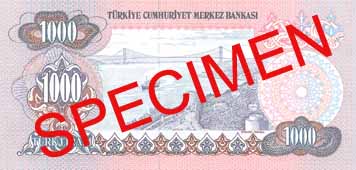 ONE THOUSAND TURKISH LIRA BACK FACE