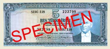 FIVE TURKISH LIRA FRONT FACE