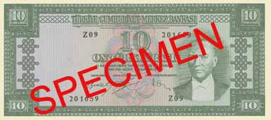 TEN TURKISH LIRA FRONT FACE