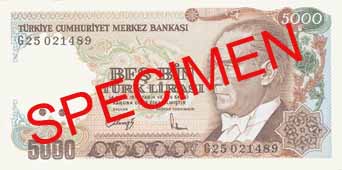 FIVE THOUSAND TURKISH LIRA FRONT FACE